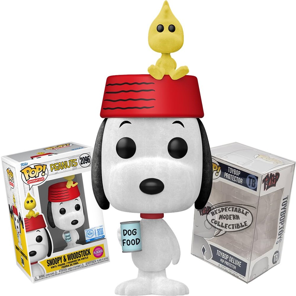 Funko EE Exclusive Flocked Snoopy with Red Bowl Hat & Woodstock + ToyBop Protector: Peanuts Pop! TV Vinyl Figure (Bundled with Pro-Deluxe Pop Protector Collector Case Box Gift Set)