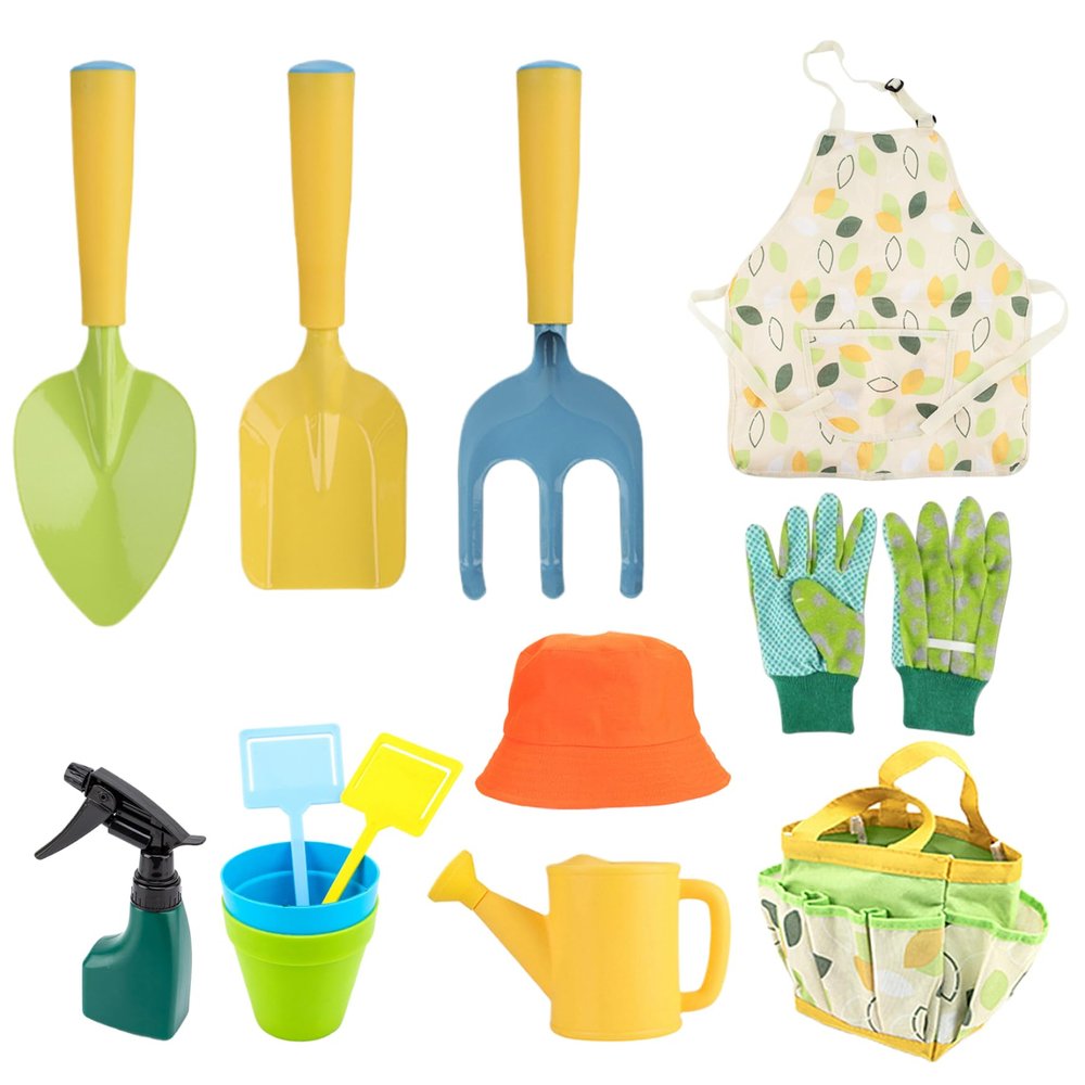 Cunlvyyds Kids Gardening Set, 11PCS Toddler Gardening Set Including Shovel, Rake, Watering Pot, Gloves, Apron, Hat, Flowerpot Tote Bag, Kids Tools for Boys Girls, Tools