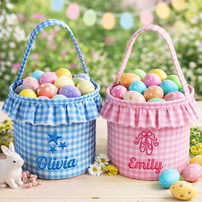 Duckbe Personalized Easter Basket with Name, Custom Embroidered Seersucker Easter Basket, Easter Gift for Kids Boys Girls, Decorative Newborn Baby Birthday Gifts