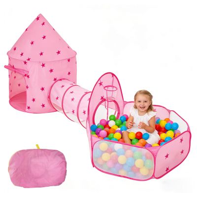 3 in 1 Kids Play Tent with Tunnel & Ball Pit,Pop Up Playhouse for Toddlers Boys Girls,Indoor Outdoor Foldable Space Tent Set for Birthday Balls Not IncludedPink Star