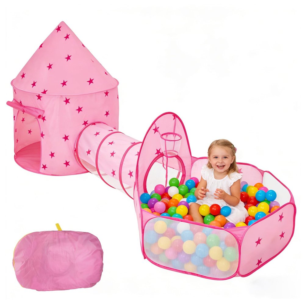 3 in 1 Kids Play Tent with Tunnel & Ball Pit,Pop Up Playhouse for Toddlers Boys Girls,Indoor Outdoor Foldable Space Tent Set for Birthday Balls Not IncludedPink Star
