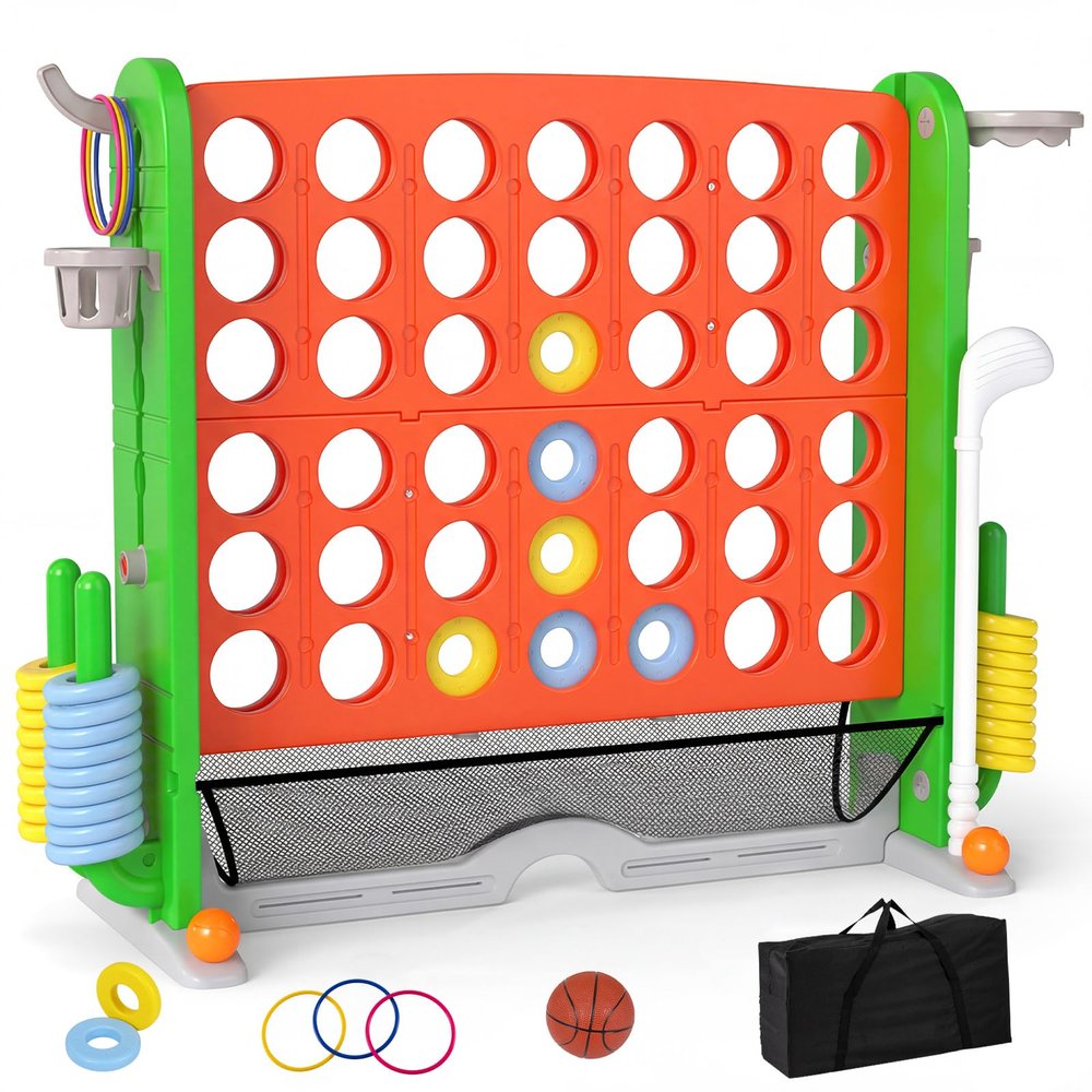 OLAKIDS Giant Connect Game Outdoor, 4 in A Row with Adjustable Height, Mesh Net, Carry Bag, Golf, Basketball Hoop, Ring Toss, Cup Holder for Kids Adults Indoor Backyard (Orange)