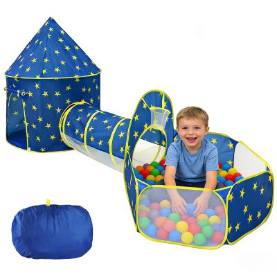 3 in 1 Kids Play Tent with Tunnel & Ball Pit,Pop Up Playhouse for Toddlers Boys Girls,Indoor Outdoor Foldable Space Tent Set for Birthday Balls Not IncludedBlue Star