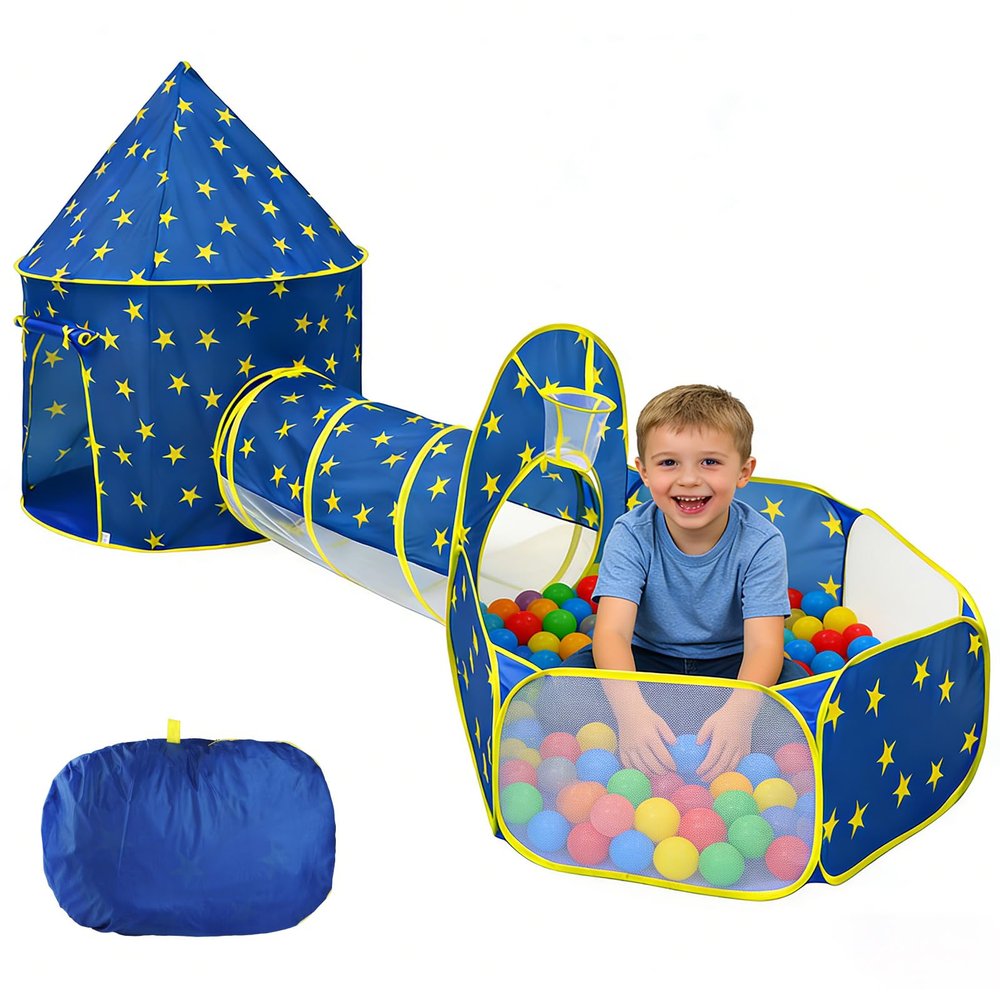 3 in 1 Kids Play Tent with Tunnel & Ball Pit,Pop Up Playhouse for Toddlers Boys Girls,Indoor Outdoor Foldable Space Tent Set for Birthday Balls Not IncludedBlue Star