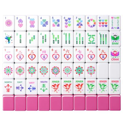 Binood American Heart-Shaped Mahjong Set 160 Premium Acrylic Tiles, 4-Layer Heart Design, 4 All-in-One Racks & Pushers, 100 Chips, 3 Golden Dice, Vintage Leather Travel Case
