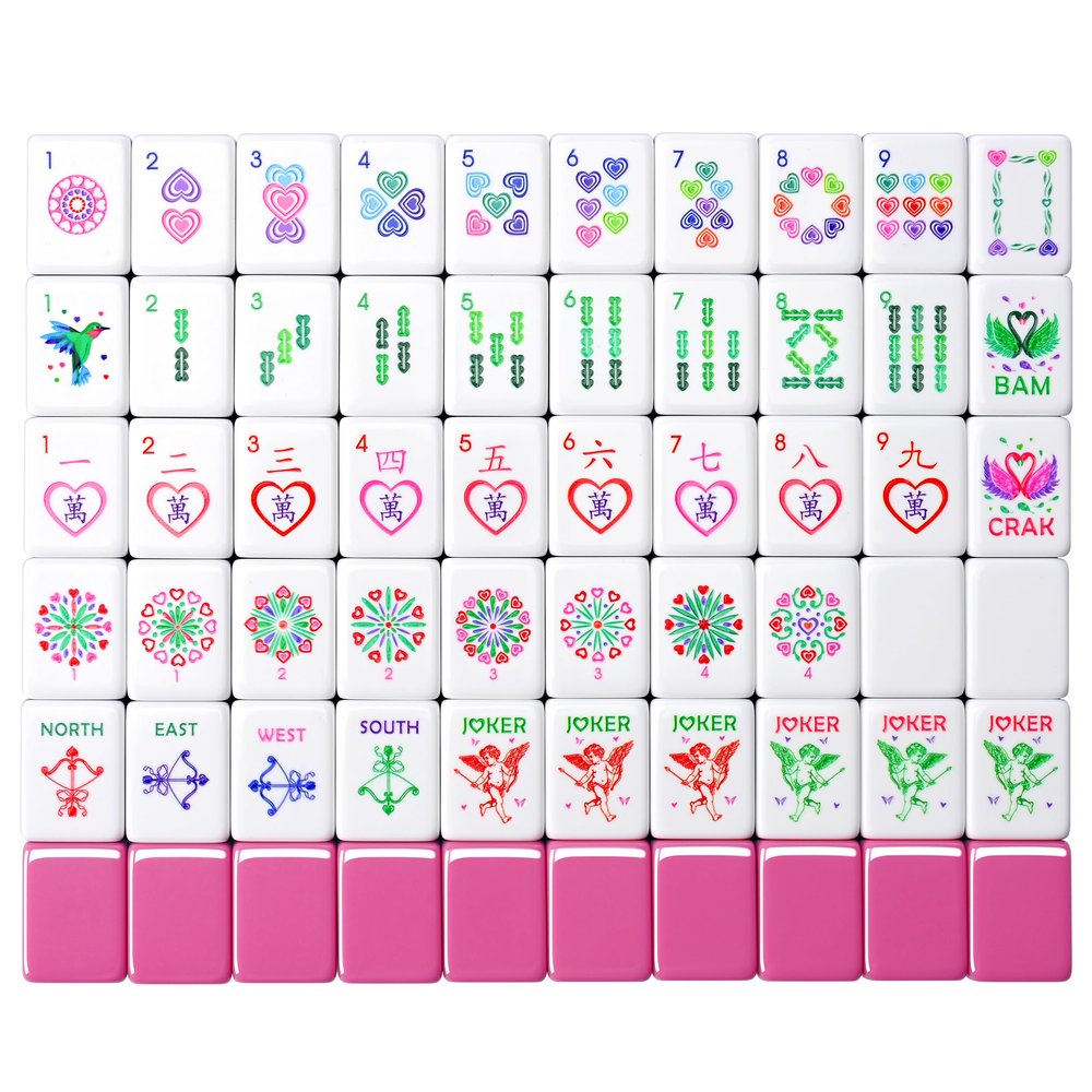 Binood American Heart-Shaped Mahjong Set 160 Premium Acrylic Tiles, 4-Layer Heart Design, 4 All-in-One Racks & Pushers, 100 Chips, 3 Golden Dice, Vintage Leather Travel Case