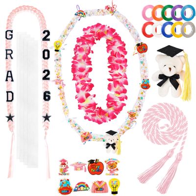 35 Pcs Graduation Candy Lei Graduation Leis with 10 Accessories 8 Graduation Card Mini Graduate Bear Stuffed Animals Hawaiian Flower Lei Honor 2 PE Tubing 10 Ribbons Sticky Dots for Graduation