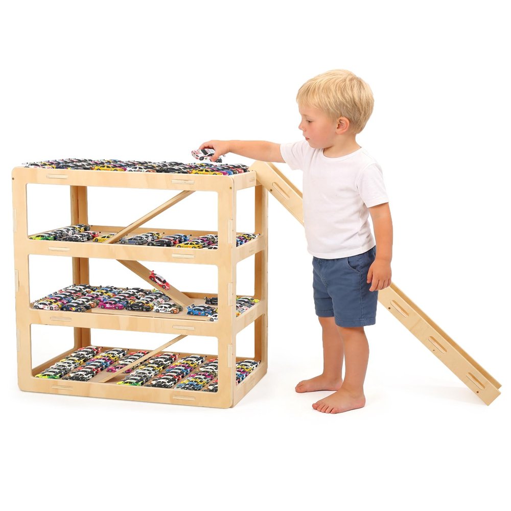 Essenhome 3-Tier Extra Large23.6*15.8*23.6 IN Wooden Toy Car Display Case Compatible with Hot Wheels & Matchbox, 1/64 Scale Parking Garage Storage for 100+ Cars with Foldable Racing Ramp (Extra Large)