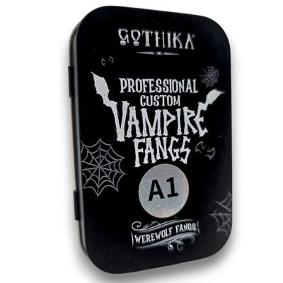 Gothika Professional Custom Werewolf Fangs - 4-Piece Theatrical FX Prosthetics Set (Vita Shade A1) - Complete Kit with Fitting Material, Mixing Spoon, Nail File, Instructions & Metal Tin