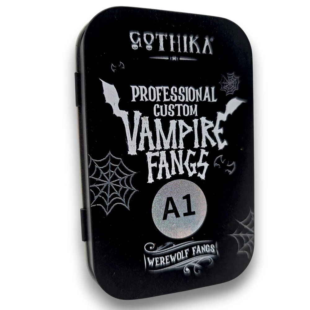 Gothika Professional Custom Werewolf Fangs - 4-Piece Theatrical FX Prosthetics Set (Vita Shade A1) - Complete Kit with Fitting Material, Mixing Spoon, Nail File, Instructions & Metal Tin