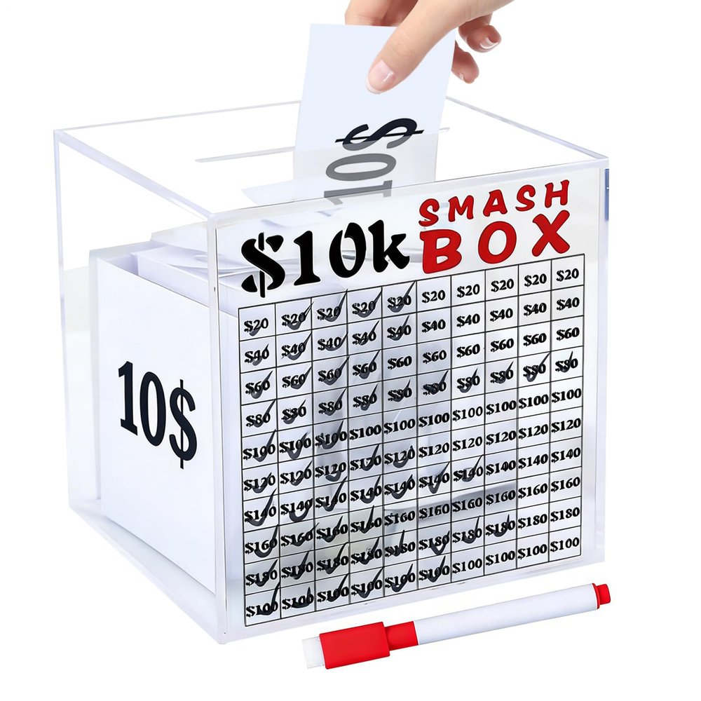 Acrylic Money Saving Box with Pens, 10000 Unbreakable Clear Saving Challenge Piggy Bank, Money Box for Cash, Must Break to Open, New Year's 10000 Savings Challenge Boxes for Kids Adults
