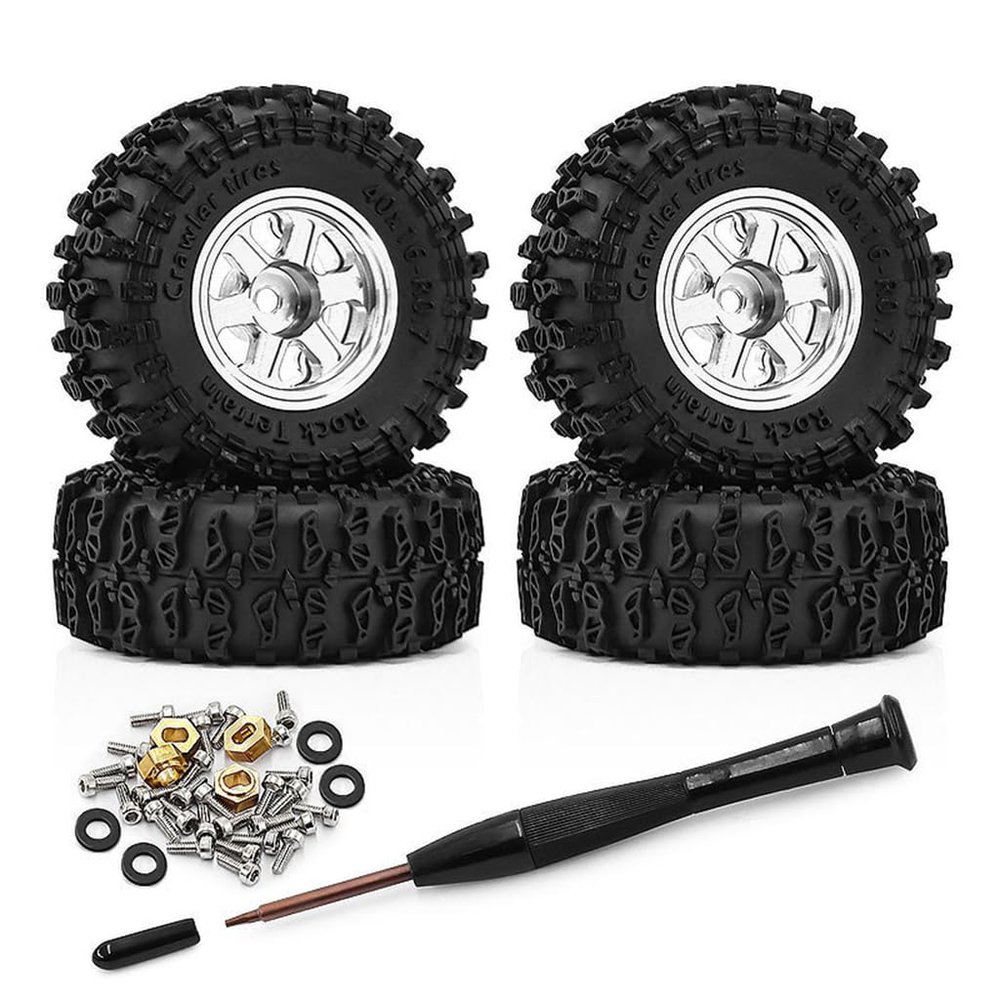 4PCS 0.7'' Aluminum Alloy Wheel Rim Tires Tyres 40x16mm Hex Hub 5mm RC Upgrade Parts for AXIAL 1/30 SCX30 Ford Wrangler RC Climbing Car (Silver)