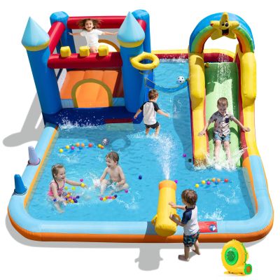 GLACER Inflatable Water Slide, Bouncy Castle with Climbing Wall, Splash Pool, Basketball Rim, Volleyball, Football, Water Cannon, Combo Water Bounce House for Backyard (with 680w Blower)