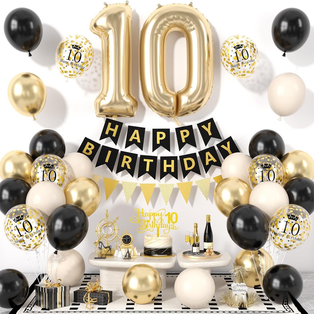 10th Birthday Decorations Black Gold for Boys,Happy Birthday Banner with Cake Toppers,Confetti Balloons,Number 10 Balloons for 10 Years Old Party