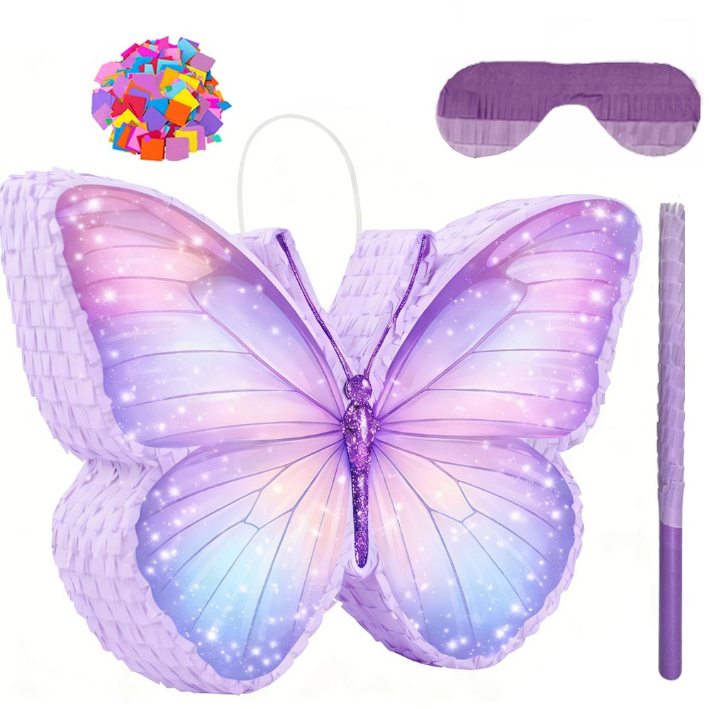 Butterfly Piata - Purple Butterfly Piata with Stick, Blindfold and Confetti for Butterfly Themed Birthday Party Game Supplies Decorations (16x12x3)