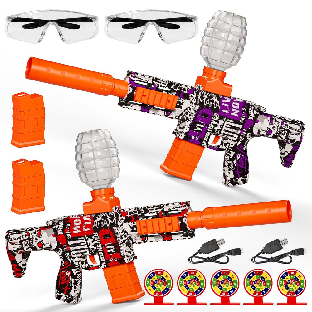 2 Pack Splatter Blaster Electric Toys Skeleton Style Toy(Red & Purple) - Rechargeable Quick-Release Batteries, Goggles, Target for Age 14+