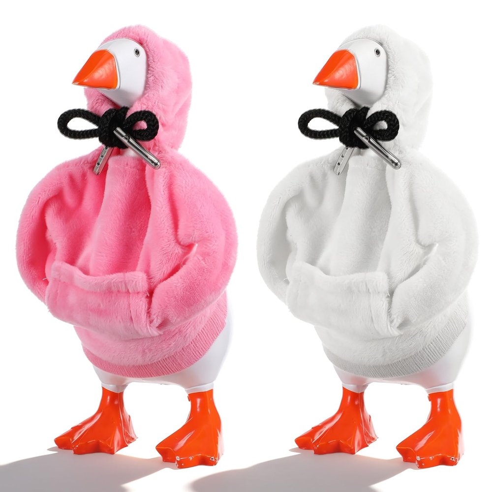 Gemoioio 2Pcs Desk Goose Outfits 7 Inches, Porch Goose Hoodie, Mini Desk Gooses Clothes Hoodies, Funny Fleece Porch Gooses Costumes for Desktop Geese Statue Table Decor(White, Pink)