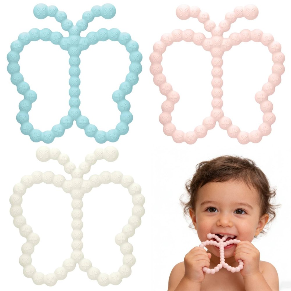 3 Pcs Baby Teething Toys 3-6 Months,Butterfly Baby Teether Toys, for Babies 0-24months Silicone Teething Relief Chew Soothing Sore Gums for Newborn Infant Essentials BPA Free