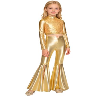 Jowowha Kids Girls Sequins Long Sleeve Crop Top with Flared Leggings Pants Set Hip Hop Modern Jazz Team Performance Costume Gold 16 Years
