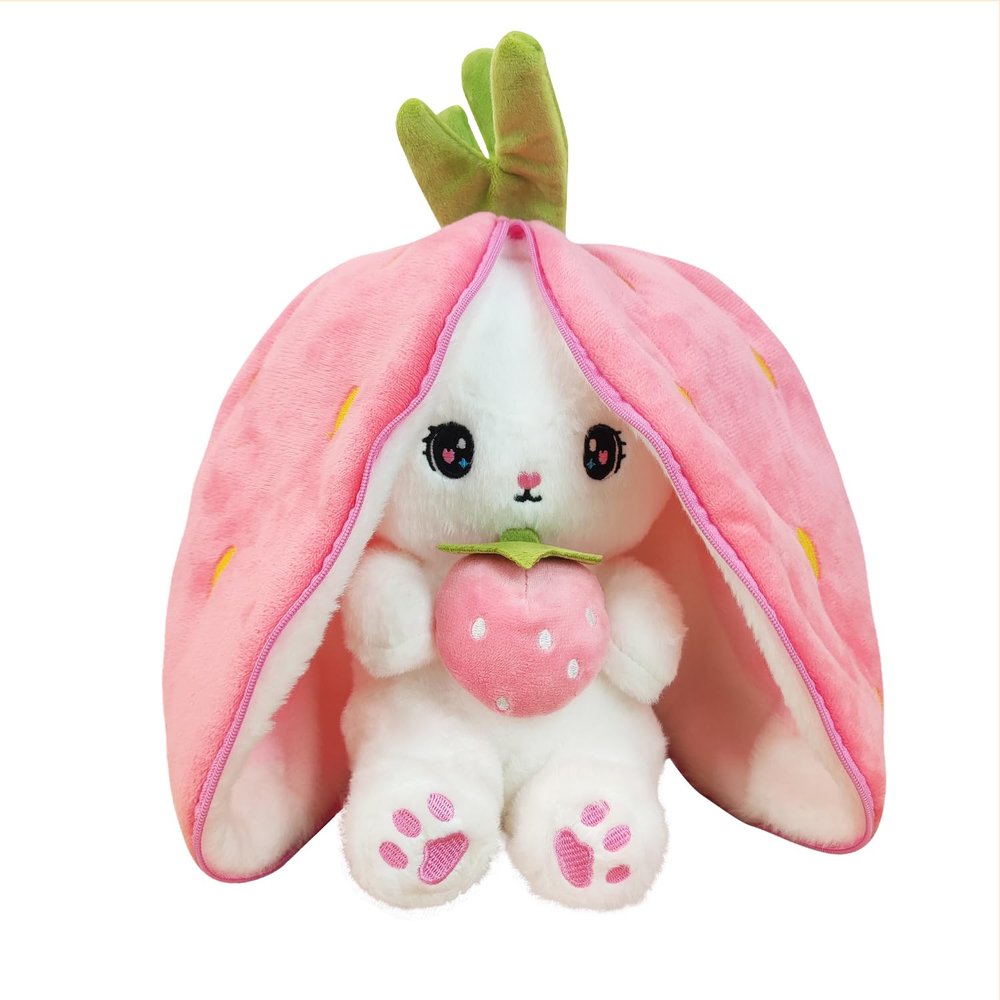 JJlviYY Reversible Bunny Stuffed Animal, Carrot Rabbit Ears Zip Plush Stuffed, Fruit Bunny Plush, (A Strawberry Rabbit, 9.9inch)
