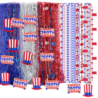 Aurelema 100 Pcs 250th Anniversary 4th of July Beads Necklaces Bulk - Patriotic Red White Blue Metallic Beads with 250 Design for Independence Day Parade Party Favors Decorations Accessories 2026