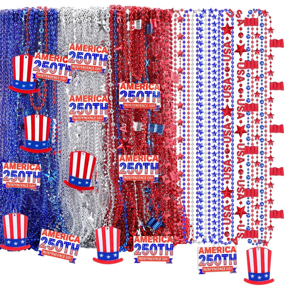 Aurelema 100 Pcs 250th Anniversary 4th of July Beads Necklaces Bulk - Patriotic Red White Blue Metallic Beads with 250 Design for Independence Day Parade Party Favors Decorations Accessories 2026
