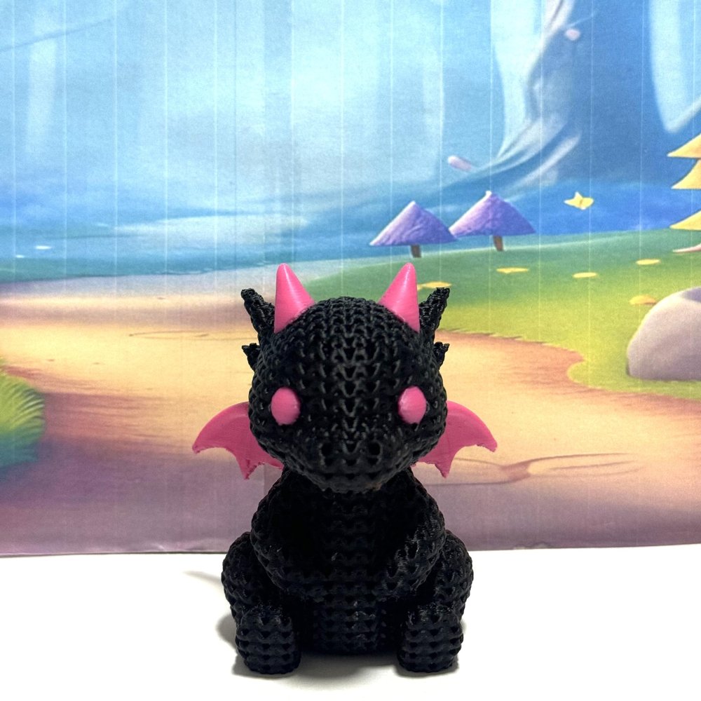 3D Printed Knitted Dragon Figurine, 2 Inches Teal Knitted Style Fantasy Creature, Desk Buddy, Cute Gamer Shelf Decor BKD001-BLK-MAG