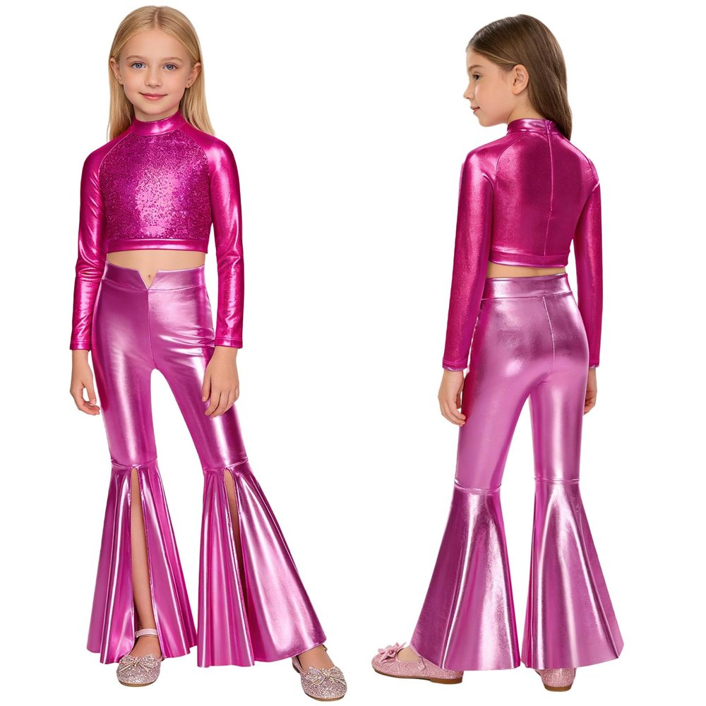 YiZYiF Girls' Sequin Dance Clothes Hip Hop Jazz Modern Dancing Outfits Set Theme Party Dancewear Recital Costumes Hot Pink 14 Years