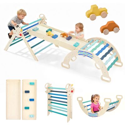 DUMOS Pikler Triangle Set, Toddler Climbing Toys and Play Structure Indoor, 9-in-1 Wooden Montessori Climbing Set with Arch, Ramp and Ladder, Foldable Baby Jungle Gym, Blue