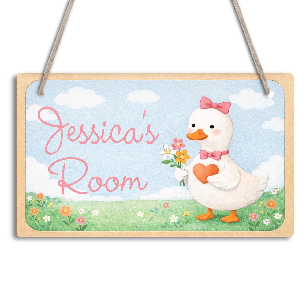 Personalized Kids Room Door Sign Cute Pink Goose Theme Custom Name Girls Boys Teens Bedroom Decor Door Hanger Toddler Baby Nursery Wood Art Wall Plaque 12x6 Inches