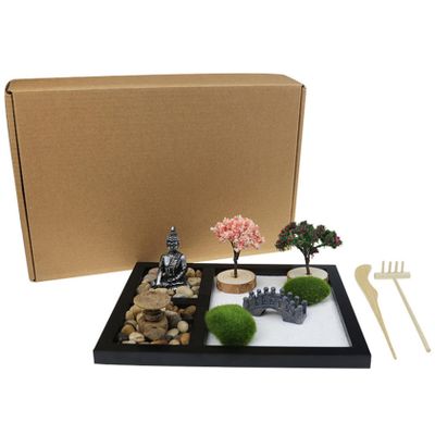 Sand Garden Kit Zen Sand Tray Mini Garden for Desk Zen with Rakes, Buddha Figures & Accessories Meditation Office Decor Style 1