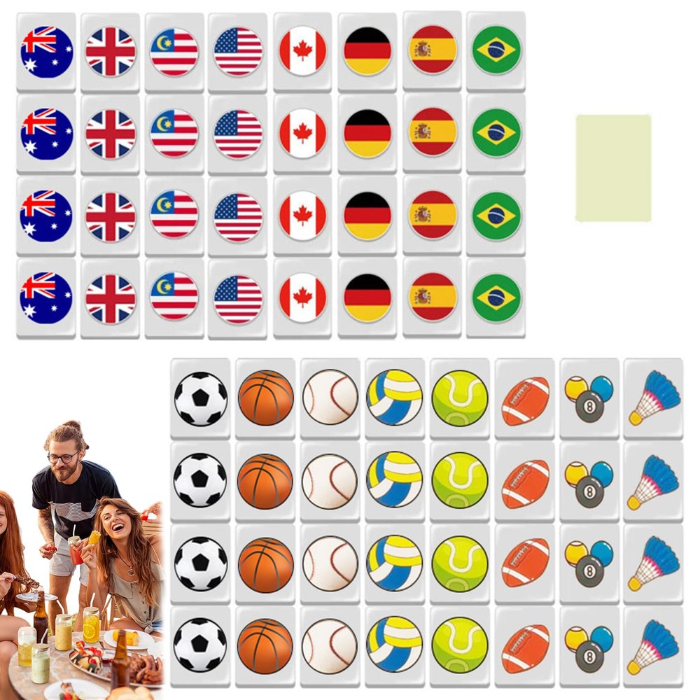 Aetherize Mini Mahjong Set 64Pcs Flag Ball Pattern Mahjong Tiles Escape Game 24mm Travel Set Reusable Block Game for Spring Picnic Party