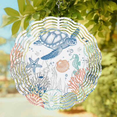 Wind Spinners for Yard Garden, Oceans Turtles Seahorse Shells 3D Stainless Steel Round Hanging Spinners Indoor Outdoor Kinetic Yard Art,12 Inch, Colorful Marine Life
