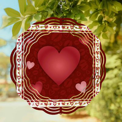 Wind Spinners for Yard Garden, Valentine's Day Romantic Love Hearts 3D Stainless Steel Round Hanging Spinners Indoor Outdoor Kinetic Yard Art,10 Inch, Lip Kiss Texture on Red