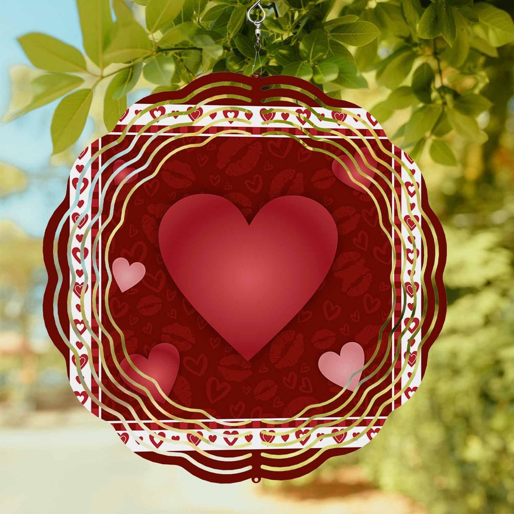 Wind Spinners for Yard Garden, Valentine's Day Romantic Love Hearts 3D Stainless Steel Round Hanging Spinners Indoor Outdoor Kinetic Yard Art,10 Inch, Lip Kiss Texture on Red