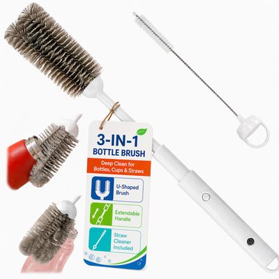 3-in-1 Water Bottle Brushes for Cleaning, 16" Extendable Long Handle Cup Cleaner Scrubber with Hidden Straw Brush for 40oz 55oz Tumblers, Wine Glass, Sports Mugs