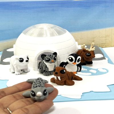 6pcs 3D Printed Arctic Mini Animal Toys, Desk Pets Sea Animal Toys with Lighted Igloo Ocean Animals Articulated Figurines Fidget Toy Penguin, Walrus, Seal, Narwhal, Reindeer IGLOO-SET-6x