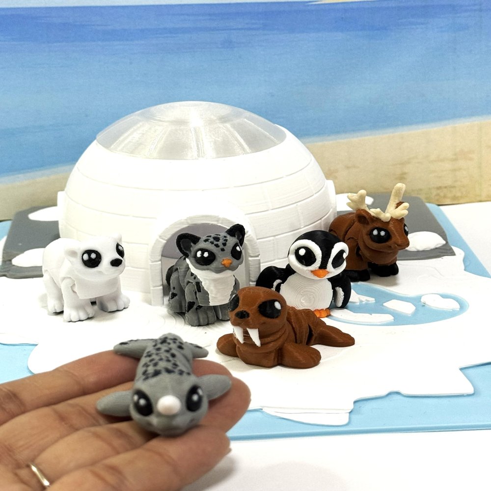 6pcs 3D Printed Arctic Mini Animal Toys, Desk Pets Sea Animal Toys with Lighted Igloo Ocean Animals Articulated Figurines Fidget Toy Penguin, Walrus, Seal, Narwhal, Reindeer IGLOO-SET-6x