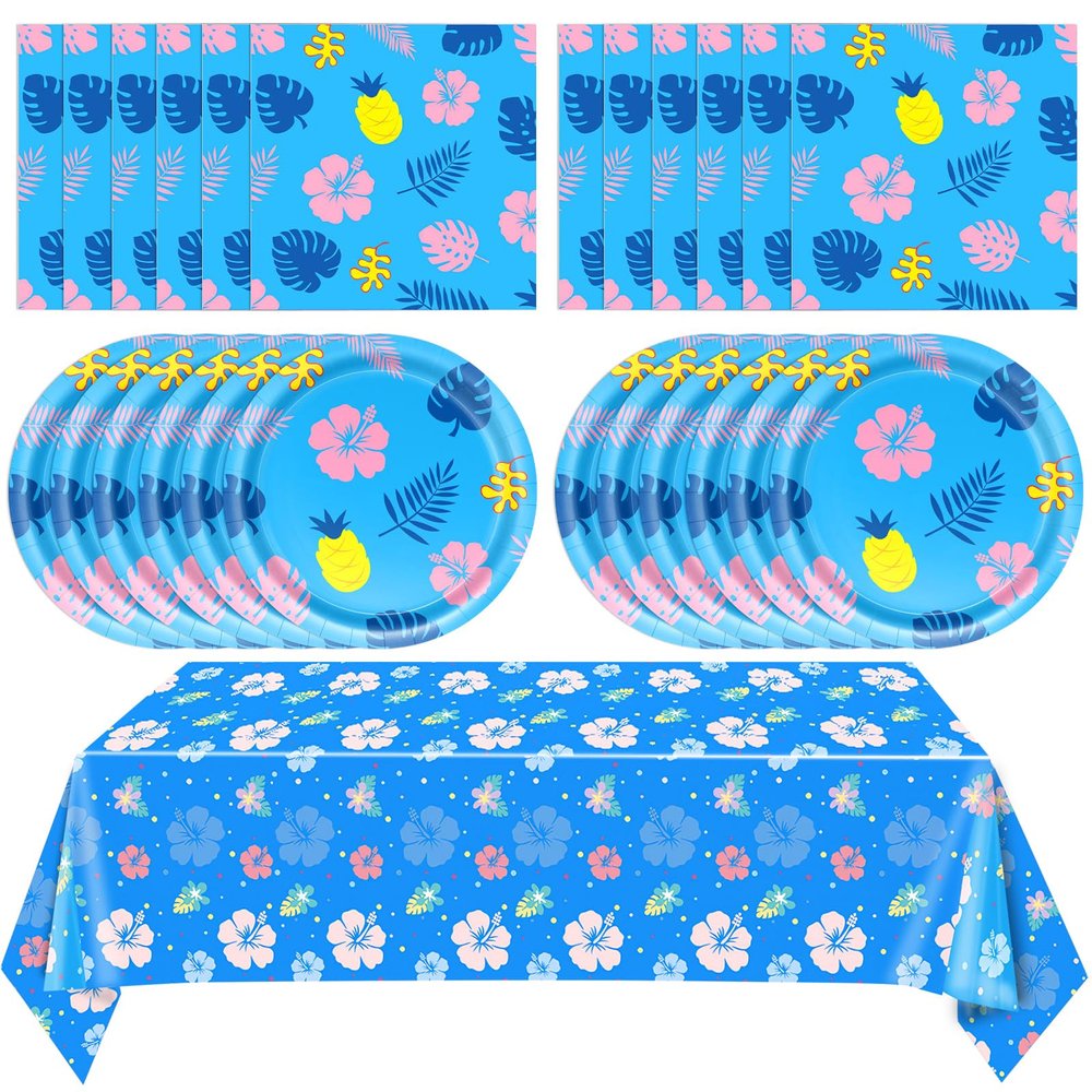 41Pcs Hawaii Party Decorations Blue Cartoon Themed Hawaiian Party Supplies Tropical Luau Theme Paper Plates Napkin Tablecloth,for Kids Birthday BBQ Summer Beach Pool Party Decorations Supplies