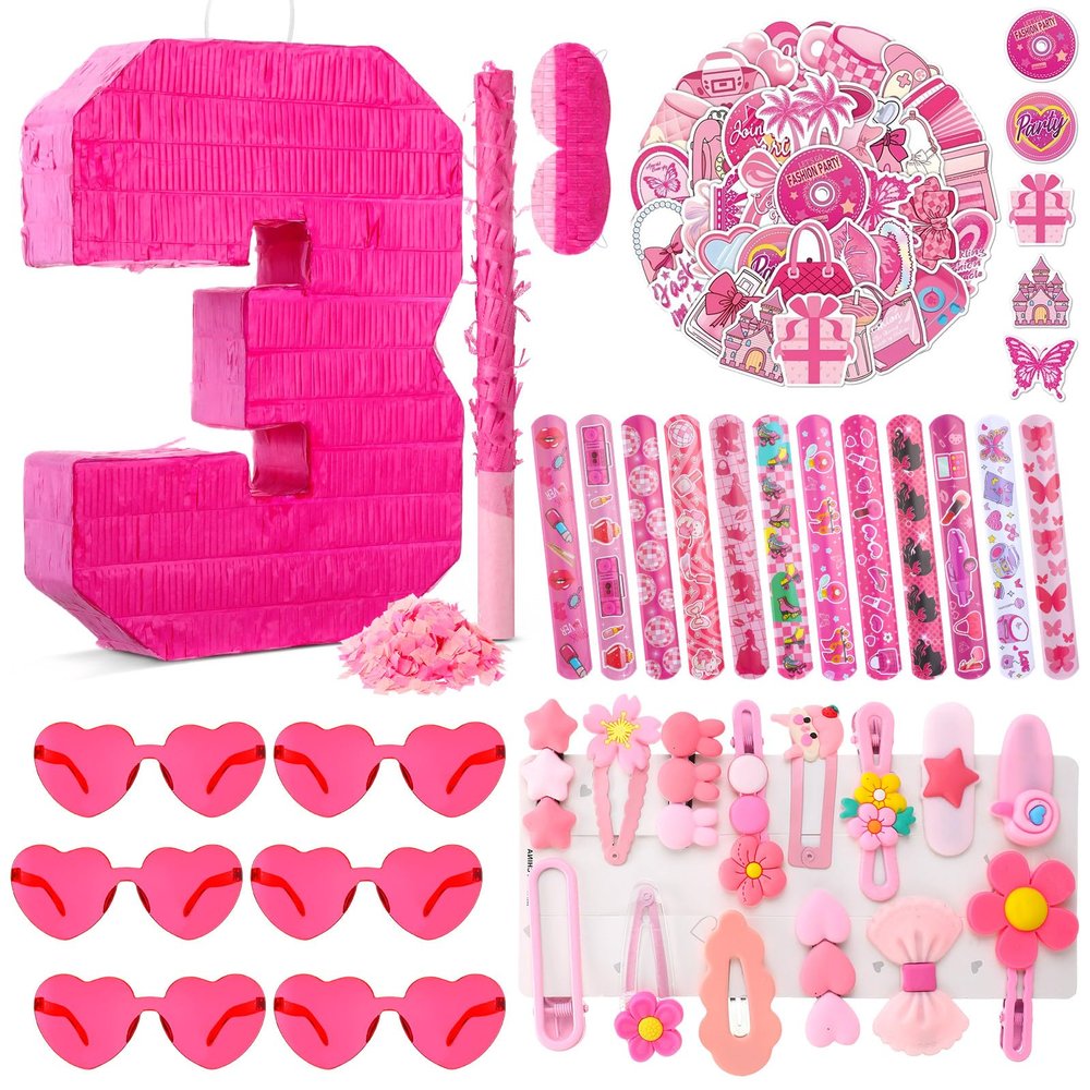 16 Inch Pink Number 3 Pinata for 3rd Birthday Party Decorations, 16 x 12 x 3.2 Inches Birthday Pinata with Pinata Filler, Pink Heart Shaped Sunglasses, Stickers, Stick, Blindfold, Confetti