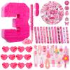 16 Inch Pink Number 3 Pinata for 3rd Birthday Party Decorations, 16 x 12 x 3.2 Inches Birthday Pinata with Pinata Filler, Pink Heart Shaped Sunglasses, Stickers, Stick, Blindfold, Confetti view 1