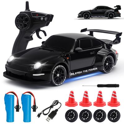 Aka Supaku RC Drift Car,1:24 Scale Remote Control Car, 2.4GHz 20KM/H 4WD High Speed RC Cars for Kids with LED Light, Two Batteries,Drifting Tires,Racing Vehicle Toy for Adults Boys Girls Black