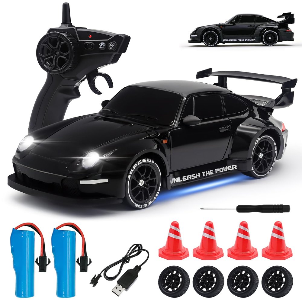 Aka Supaku RC Drift Car,1:24 Scale Remote Control Car, 2.4GHz 20KM/H 4WD High Speed RC Cars for Kids with LED Light, Two Batteries,Drifting Tires,Racing Vehicle Toy for Adults Boys Girls Black