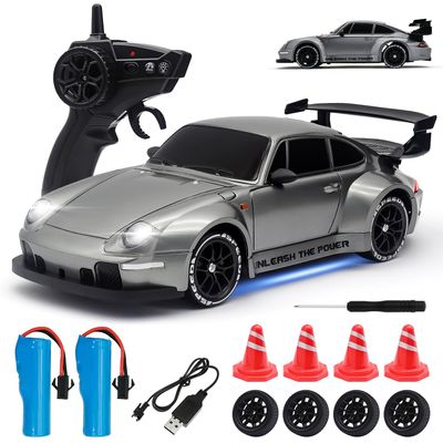 Aka Supaku RC Drift Car,1:24 Scale Remote Control Car, 2.4GHz 20KM/H 4WD High Speed RC Cars for Kids with LED Light, Two Batteries,Drifting Tires,Racing Vehicle Toy for Adults Boys Girls Silver