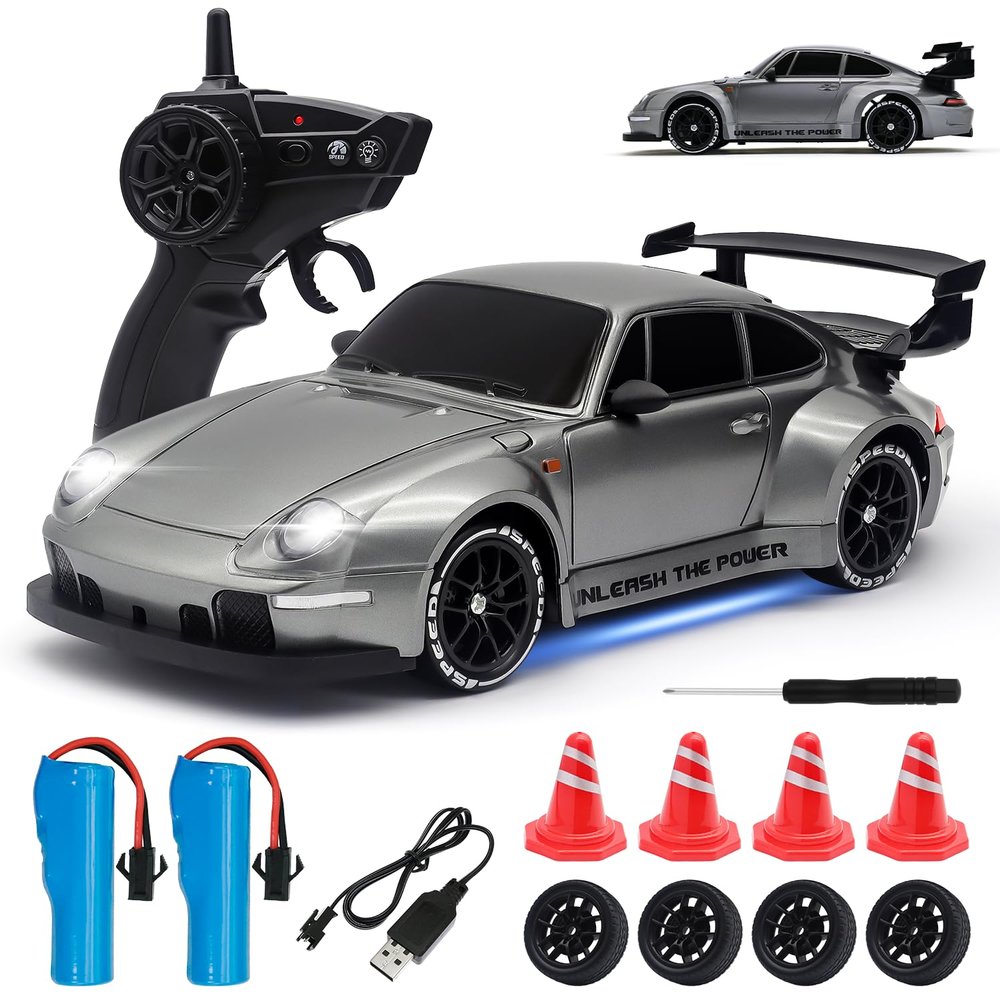 Aka Supaku RC Drift Car,1:24 Scale Remote Control Car, 2.4GHz 20KM/H 4WD High Speed RC Cars for Kids with LED Light, Two Batteries,Drifting Tires,Racing Vehicle Toy for Adults Boys Girls Silver