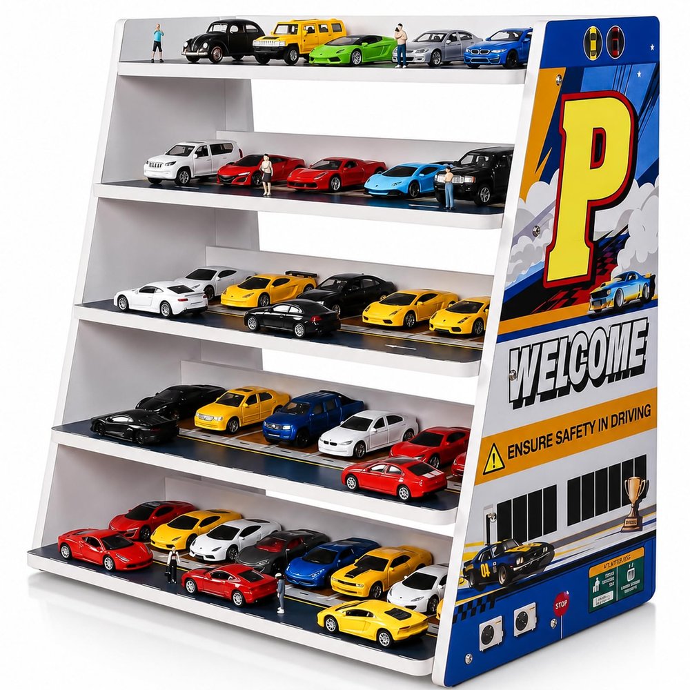 Display Case for Hot Die Cast Wheel Garage,1/64 Five-Tier Stepped Car Model Display Stand,Toy Car Storage Display Rack,Parking Garage Diorama with 45 Parking Spaces