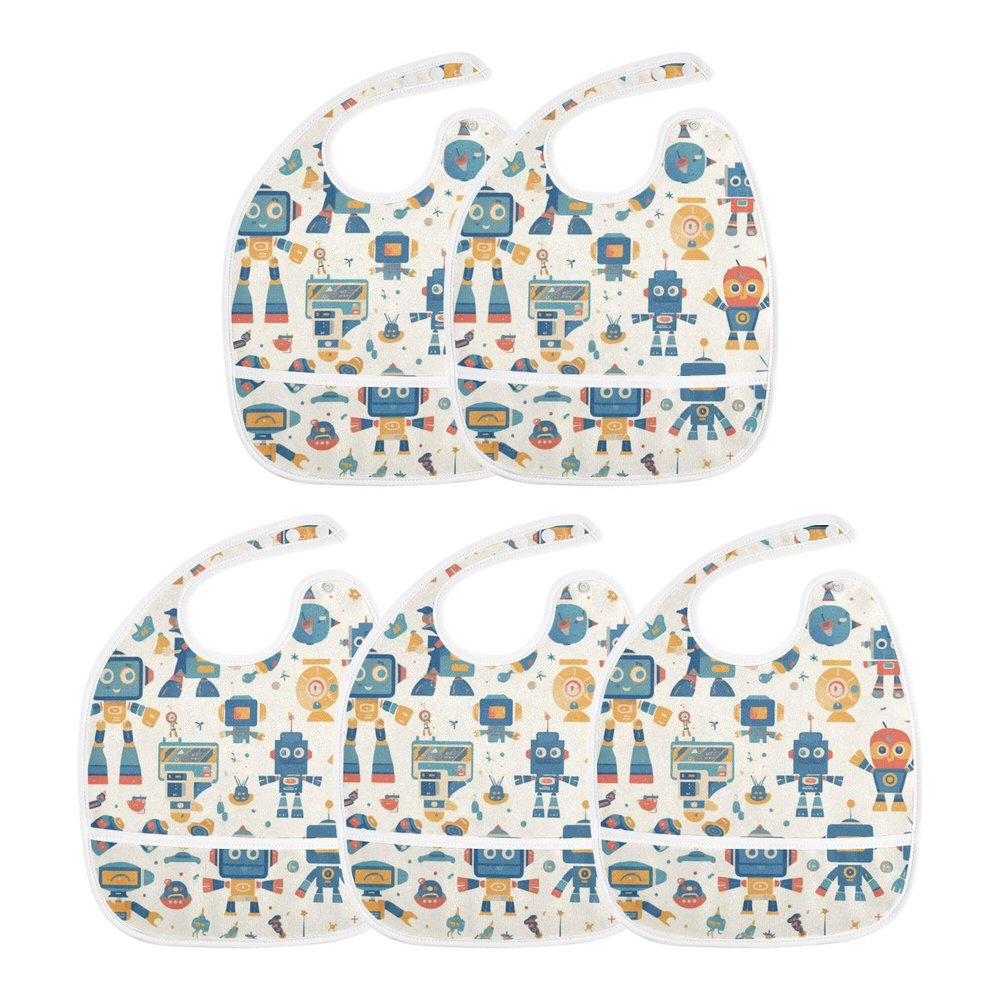 Baby Boys Muslin Baby Bibs with Button Snap Adjustable 2 Pack Burp Cloths and Bibs Travel with Baby Cartoon Building Blocks Robots Beige