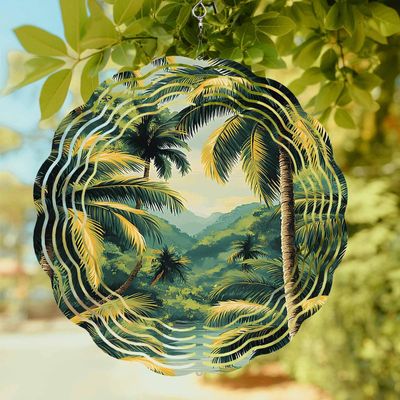 Watercolor Palm Leaf Lake Mountain Wind Spinner for Garden Yard 3D Stainless Steel Hanging Wind Spinners, Summer Tropical Plants Spinners Outdoor Metal Decor for Lawn Patio Home
