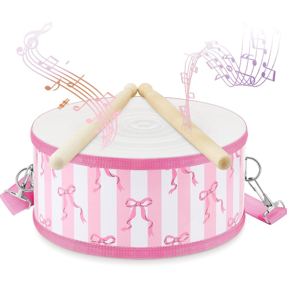 Boao 1 PC Kids Drum Set, 8 Inch Toddler Drum Wooden Toy with Adjustable Strap and 2 Drumsticks, Educational Sensory Musical Instrument for Toddlers Kid Baby Boys Girls Gift (Pink Bows)