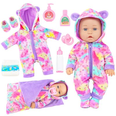 Ecore Fun 12 Inch Baby Doll with Outfit, Sleeping Bag,Pacifier, Bottle, Diaper & Care Set, Realistic Pretend Play Doll Accessories for Kids 3+